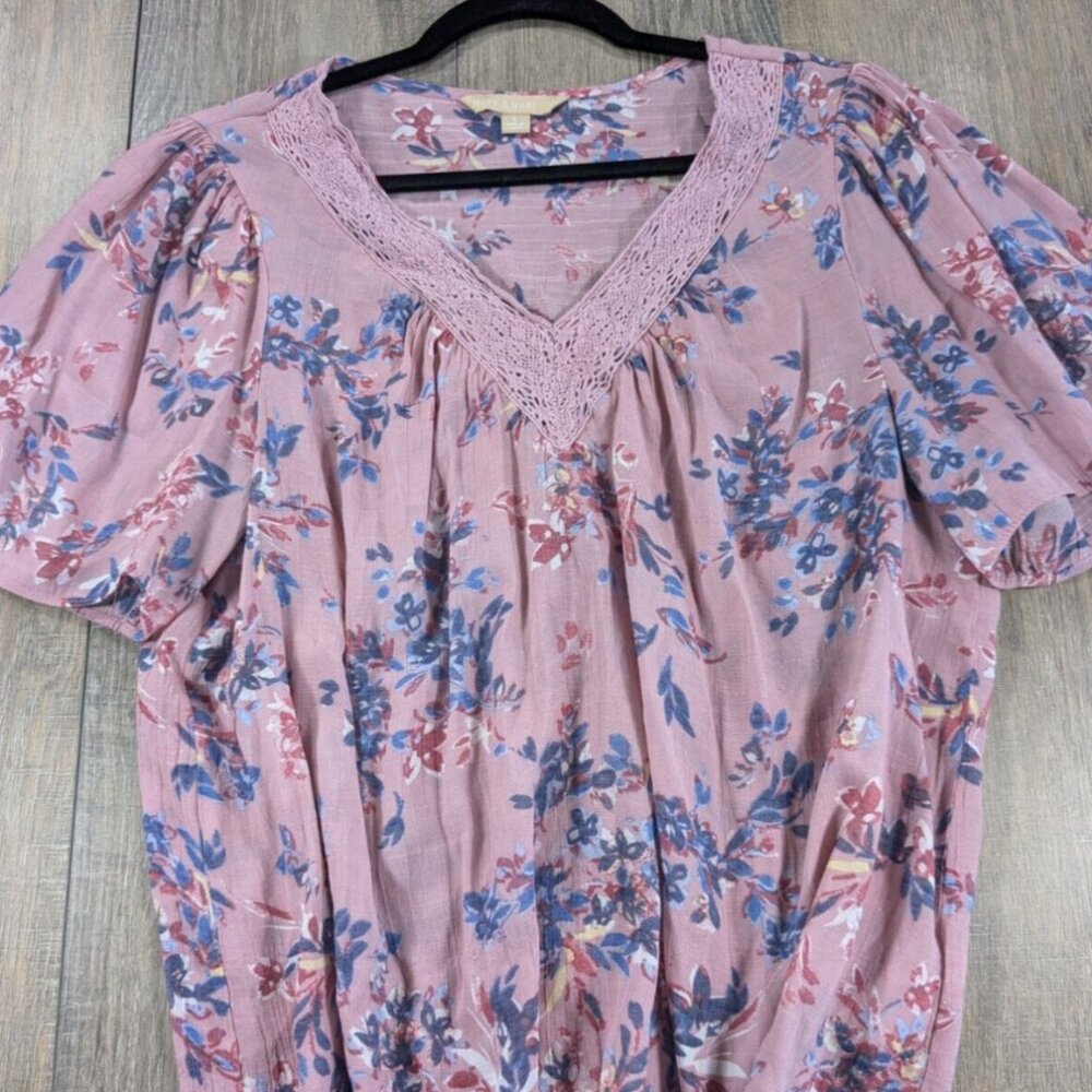 Hope Harlow Peasant Top Womens Large Pink Floral Print Flutter Sleeve Fairy BOHO